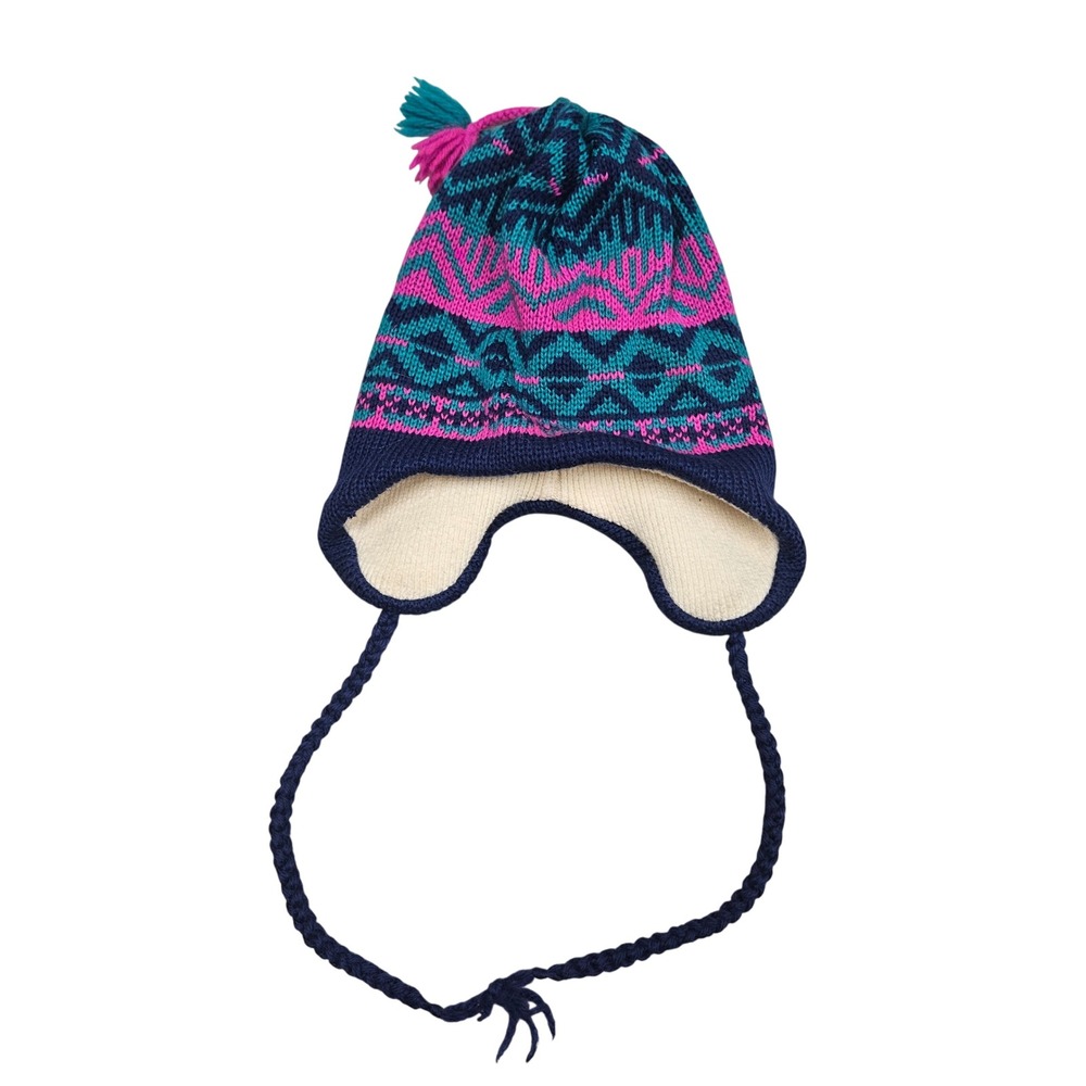 Smiley Earflap Hat Unisex O Navy Blue Pink Teal Wool Knit Fair Isle Boho Winter
